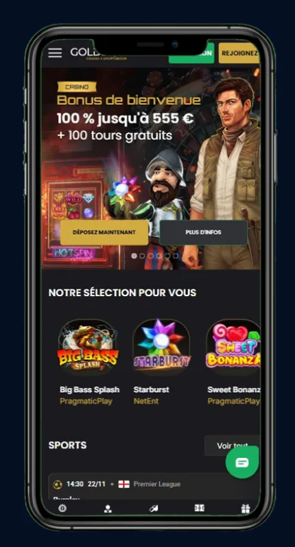 Interface mobile de GoldenPlay Casino avec jeux, bonus et paris sportifs